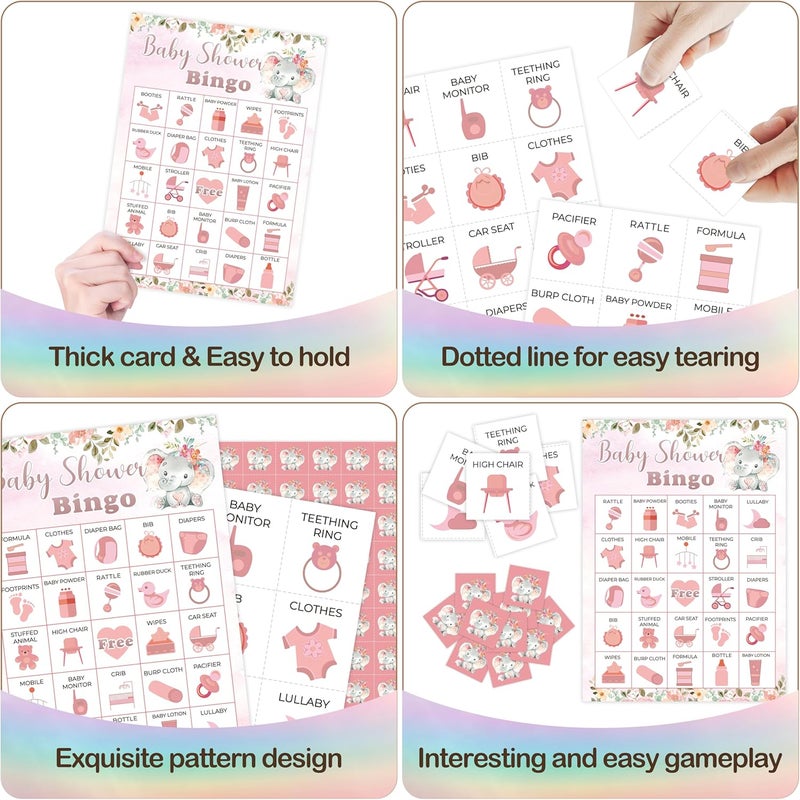 Mueddur Baby Shower Bingo Card, Pink Elephant Bingo Game for Adults Large Group Family, Blush Pink Floral Elephant Game Kit for Gender Reveal Party, Holiday Games for 24 Players -12 - Image 4